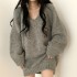 Women's Clothing Grey Vintage Knitting Sweater V Neck Long Sleeve Simplicity Casual Korean Fashion Baggy Tops Ladies Autumn