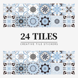 24pcs Mandala Retro Pattern Glossy Tiles Sticker Transfers Cover for Kitchen Bathroom Tables Hard-wearing Wall Decals Waterproof